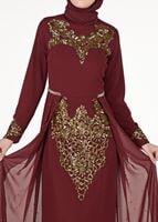 Hijab clothing CLARET RED Chiffon at the Waist Pearl Detailed Evening Dress 2951