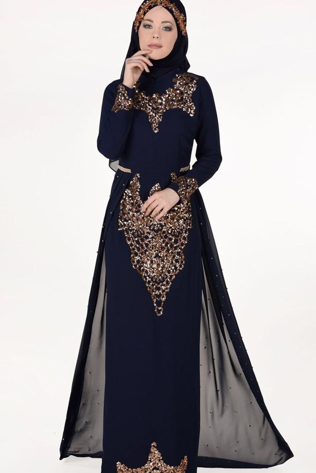 Vêtements hijab  Chiffon at the Waist Pearl Detailed Evening Dress 2951 - TRENDTESETTÜR