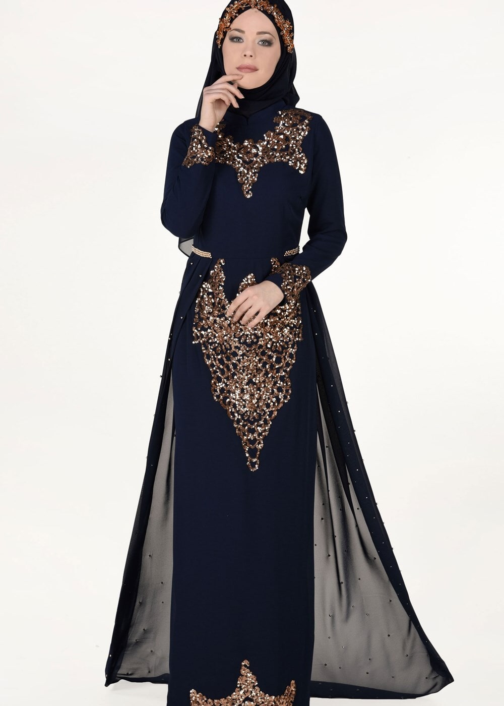 Hijab clothing NAVY BLUE Chiffon at the Waist Pearl Detailed Evening Dress 2951