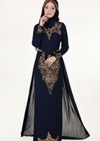 Hijab clothing NAVY BLUE Chiffon at the Waist Pearl Detailed Evening Dress 2951