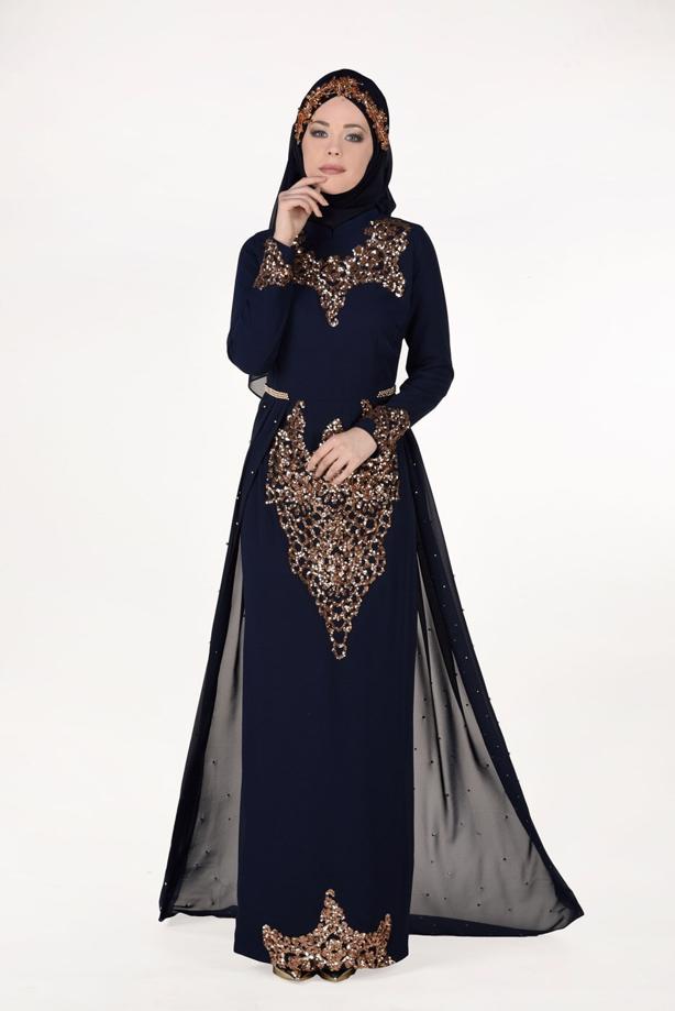 Vêtements hijab  Chiffon at the Waist Pearl Detailed Evening Dress 2951 - TRENDTESETTÜR