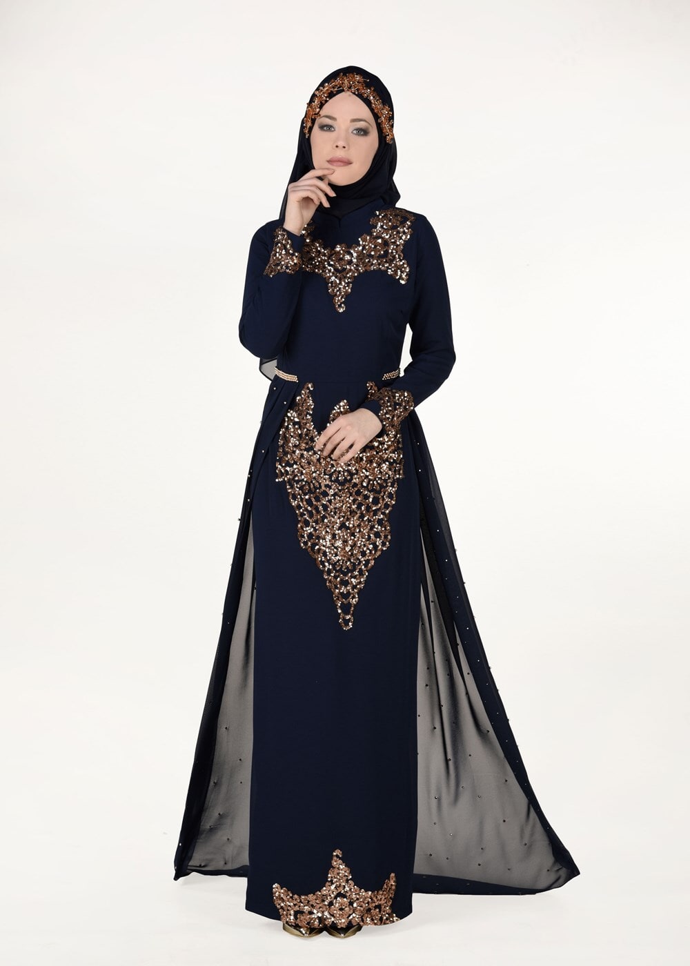 Hijab clothing NAVY BLUE Chiffon at the Waist Pearl Detailed Evening Dress 2951