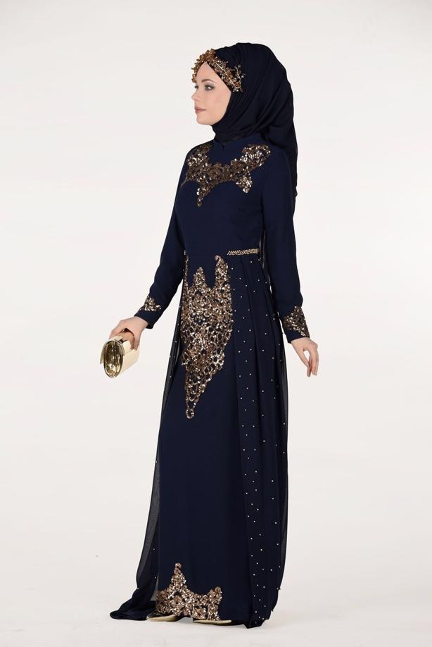 Vêtements hijab  Chiffon at the Waist Pearl Detailed Evening Dress 2951 - TRENDTESETTÜR