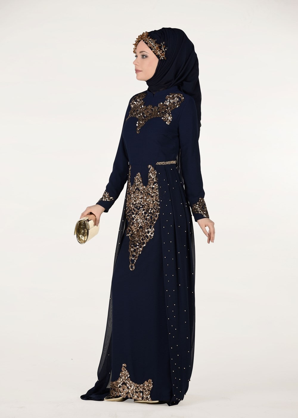 Hijab clothing NAVY BLUE Chiffon at the Waist Pearl Detailed Evening Dress 2951