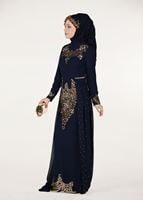 Hijab clothing NAVY BLUE Chiffon at the Waist Pearl Detailed Evening Dress 2951