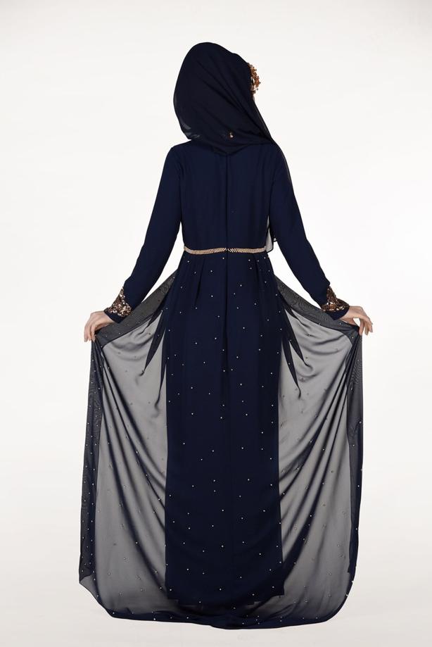 Vêtements hijab  Chiffon at the Waist Pearl Detailed Evening Dress 2951 - TRENDTESETTÜR