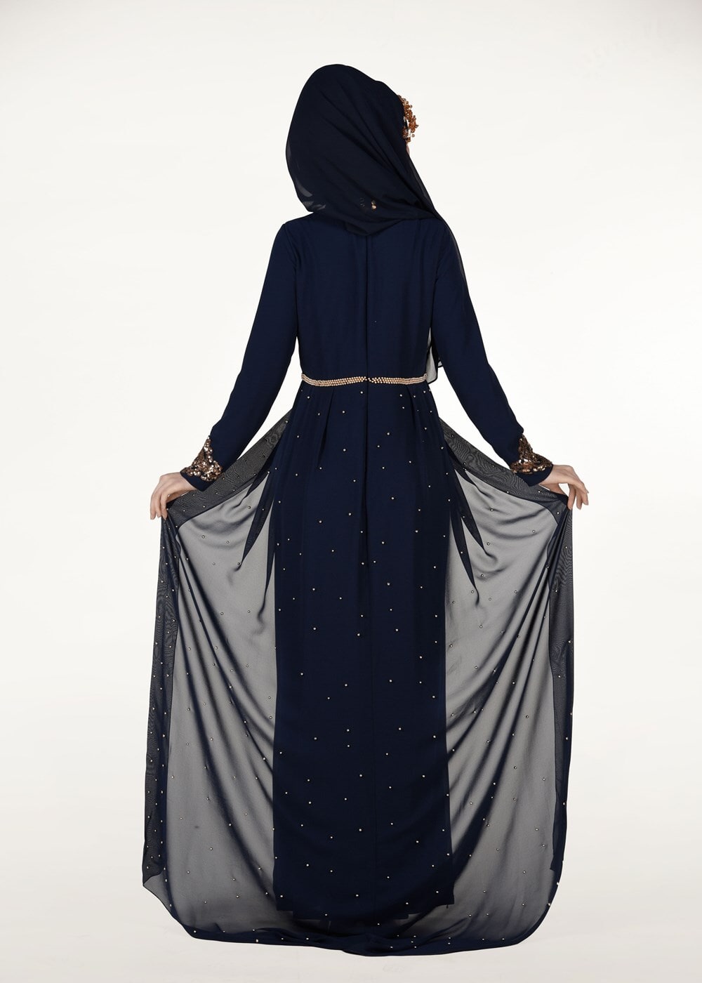 Hijab clothing NAVY BLUE Chiffon at the Waist Pearl Detailed Evening Dress 2951