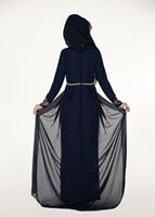 Hijab clothing NAVY BLUE Chiffon at the Waist Pearl Detailed Evening Dress 2951