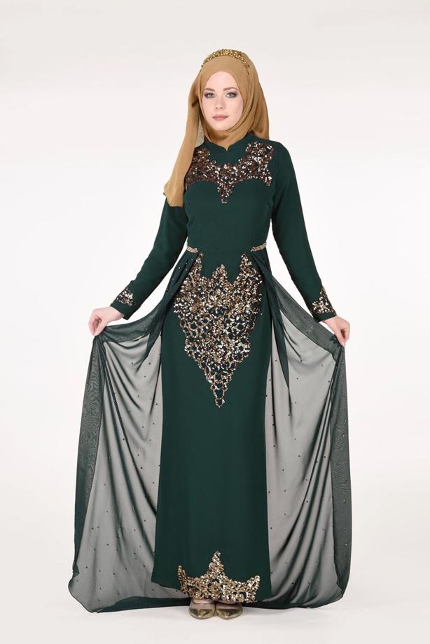 Vêtements hijab  Chiffon at the Waist Pearl Detailed Evening Dress 2951 - TRENDTESETTÜR