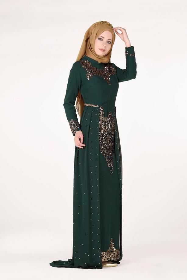 Vêtements hijab  Chiffon at the Waist Pearl Detailed Evening Dress 2951 - TRENDTESETTÜR
