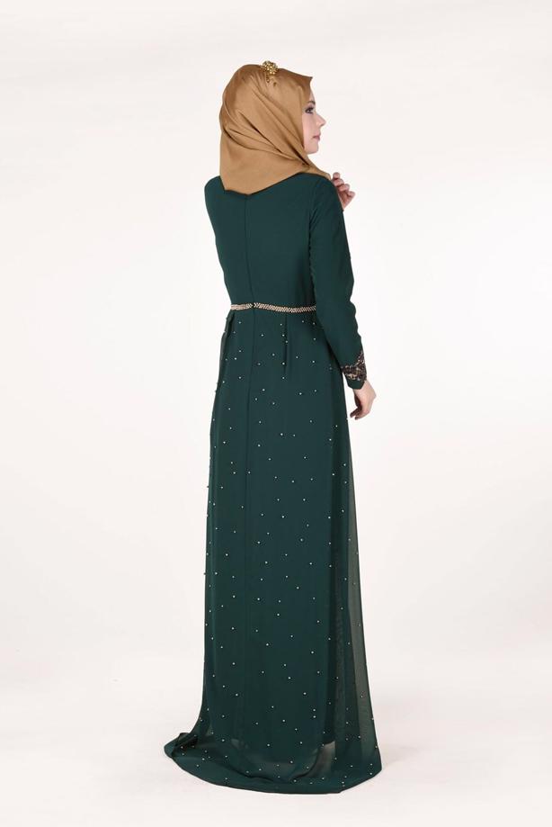 Vêtements hijab  Chiffon at the Waist Pearl Detailed Evening Dress 2951 - TRENDTESETTÜR