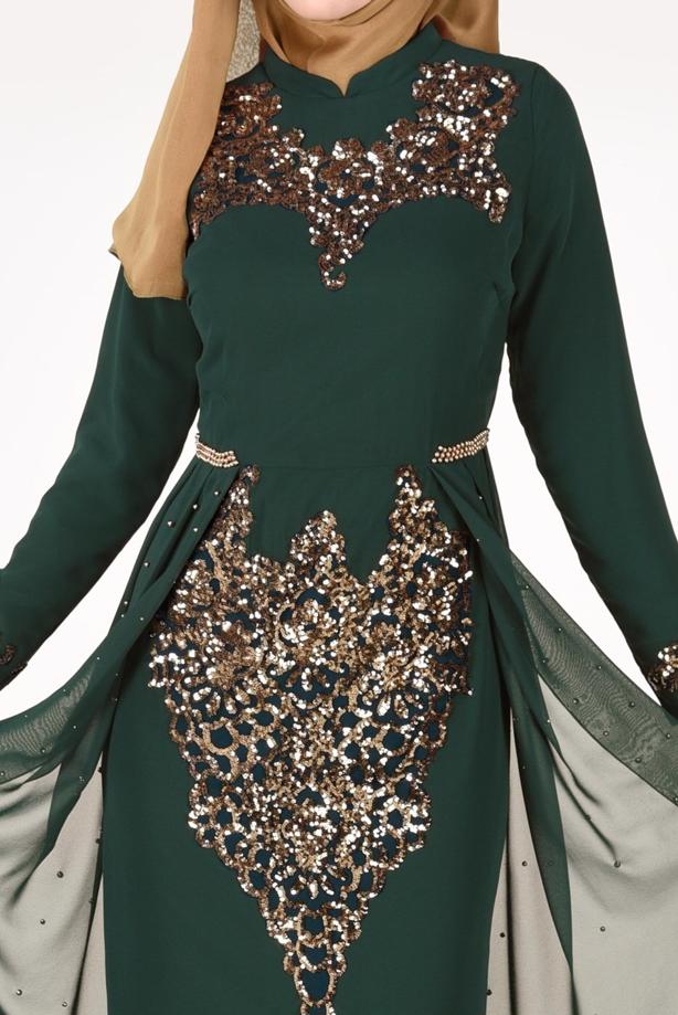 Vêtements hijab  Chiffon at the Waist Pearl Detailed Evening Dress 2951 - TRENDTESETTÜR