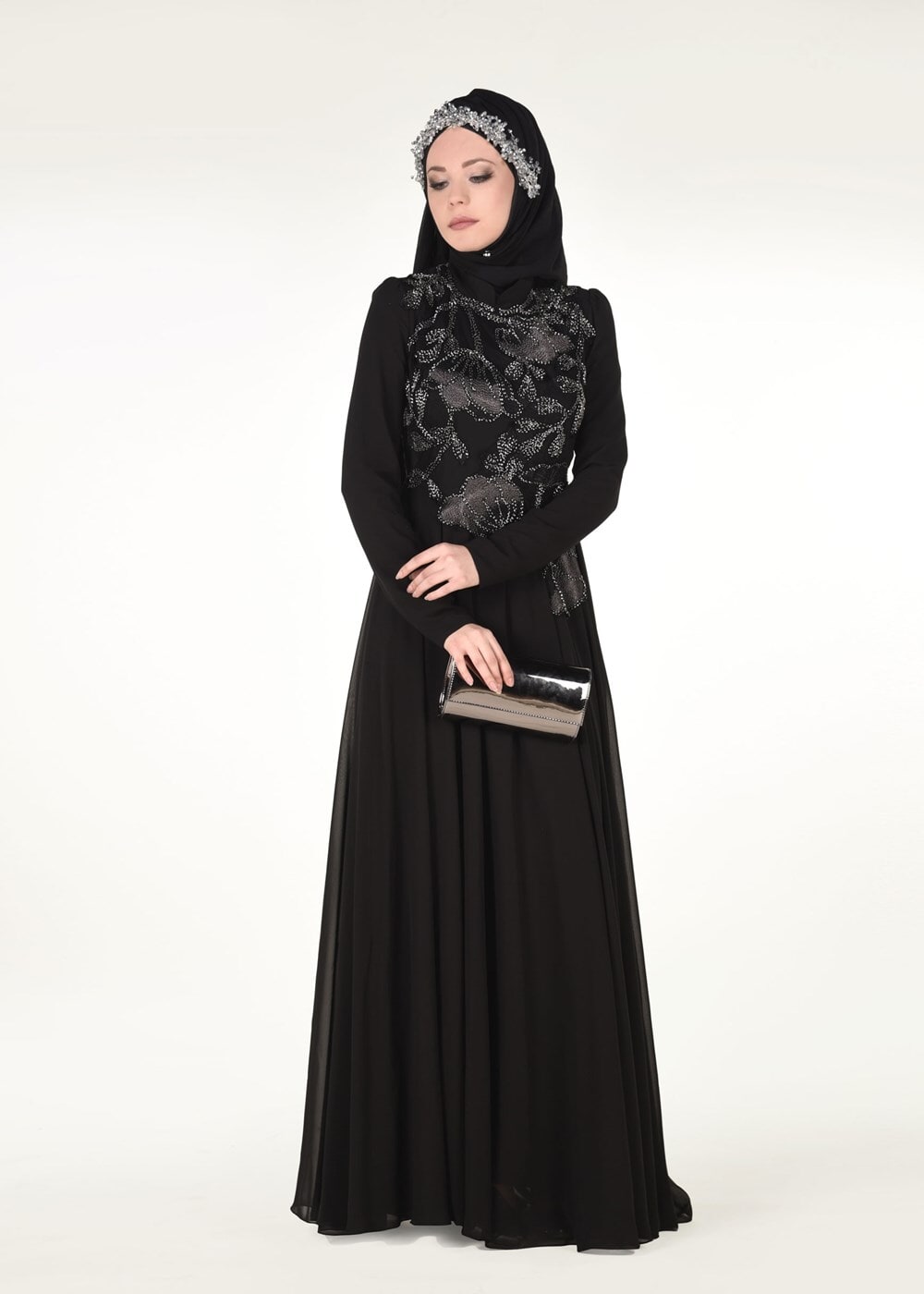 Tesettür giyim SİYAH HAKİM YAKA ÇİÇEK İŞLEMELİ ABİYE ELBİSE 3108 
