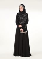 Tesettür giyim SİYAH HAKİM YAKA ÇİÇEK İŞLEMELİ ABİYE ELBİSE 3108 
