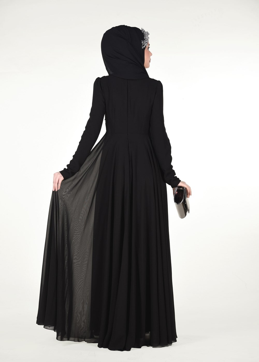 Tesettür giyim SİYAH HAKİM YAKA ÇİÇEK İŞLEMELİ ABİYE ELBİSE 3108 