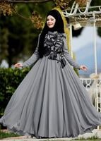 Tesettür giyim GRİ HAKİM YAKA ÇİÇEK İŞLEMELİ ABİYE ELBİSE 3108 