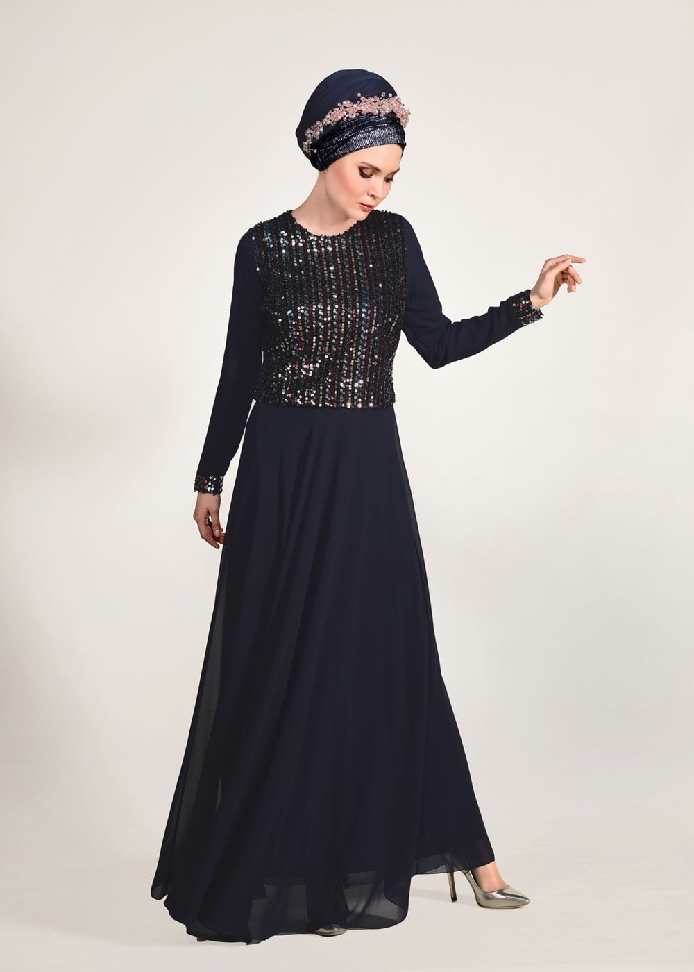 Hijab clothing NAVY BLUE SEQUIN DETAIL EVENING DRESS 3131  