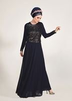 Hijab clothing NAVY BLUE SEQUIN DETAIL EVENING DRESS 3131  