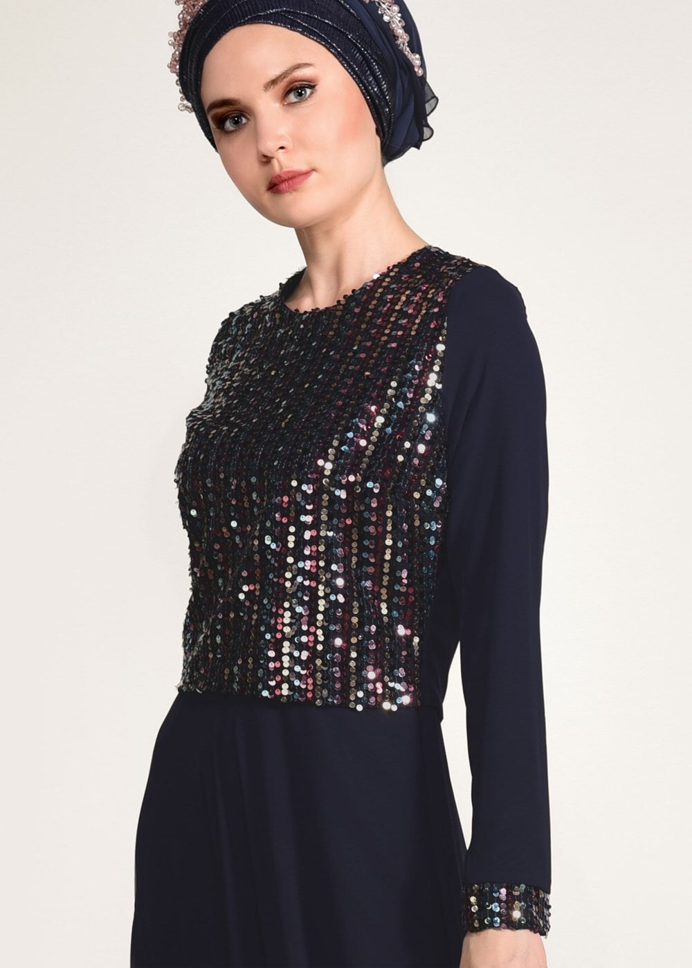 Hijab clothing NAVY BLUE SEQUIN DETAIL EVENING DRESS 3131  