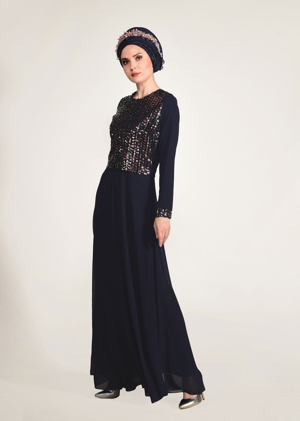 Hijab clothing NAVY BLUE SEQUIN DETAIL EVENING DRESS 3131  