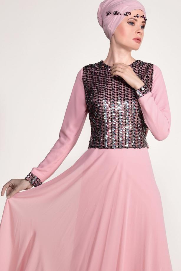 Vêtements hijab  SEQUIN DETAIL EVENING DRESS 3131   - TRENDTESETTÜR