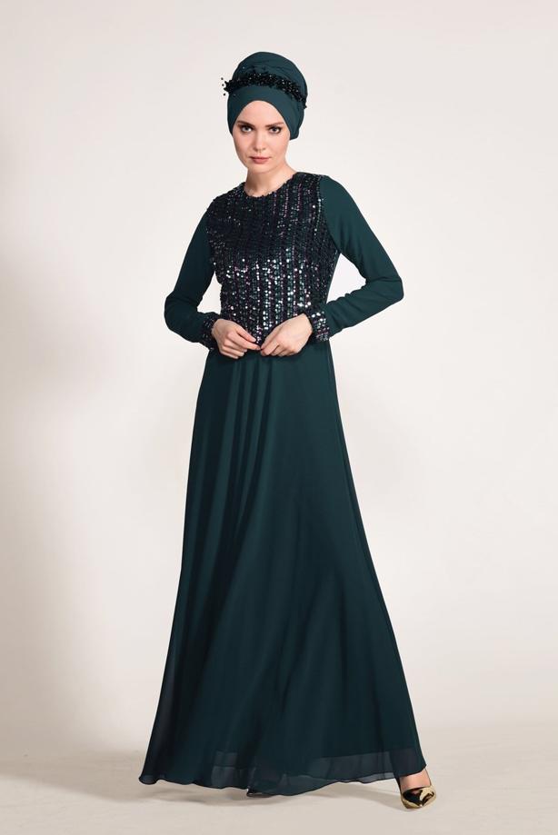 Vêtements hijab  SEQUIN DETAIL EVENING DRESS 3131   - TRENDTESETTÜR