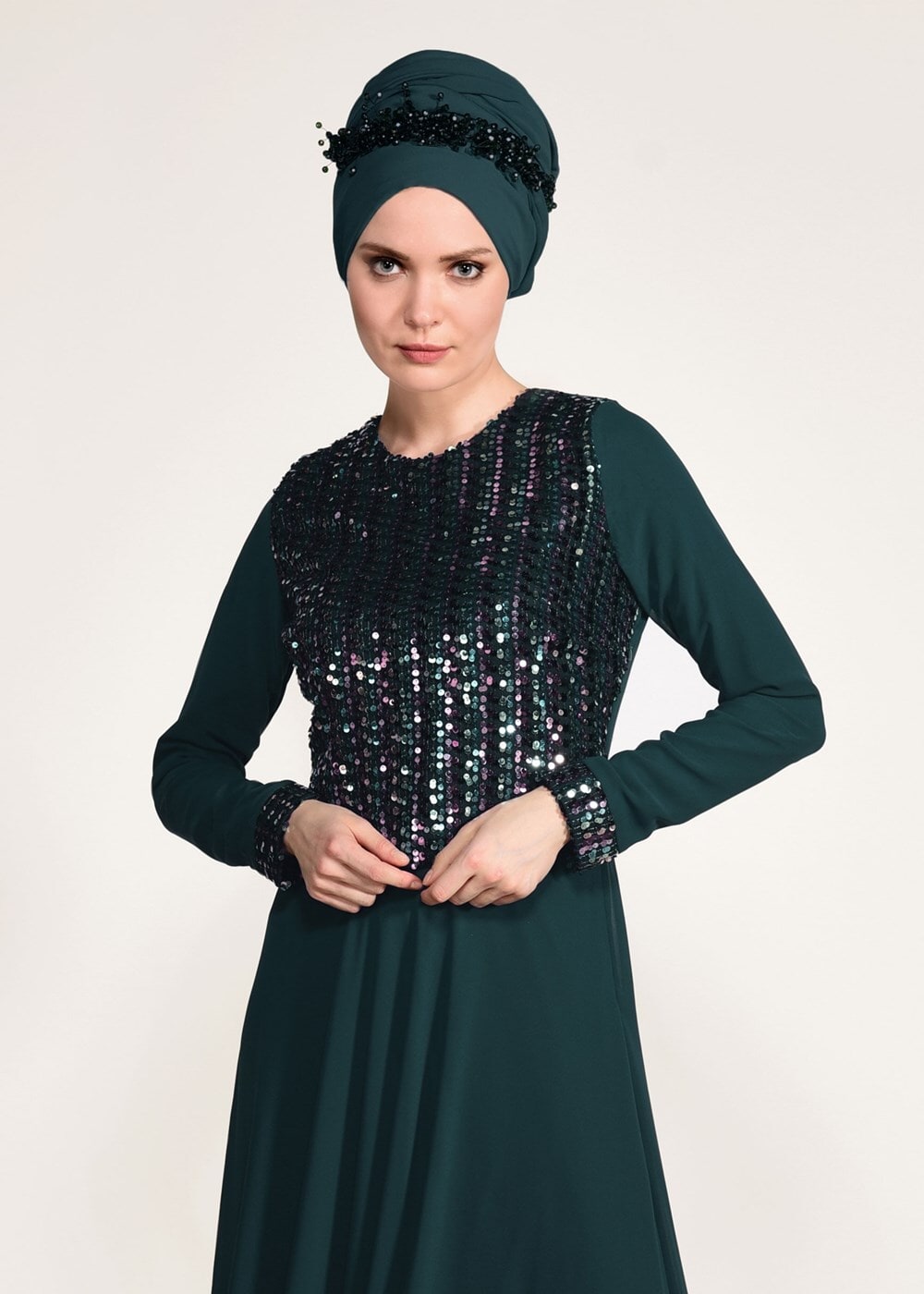 Vêtements hijab VERT ROBE DE SOIRÉE DÉTAIL PAILLETTE 3131