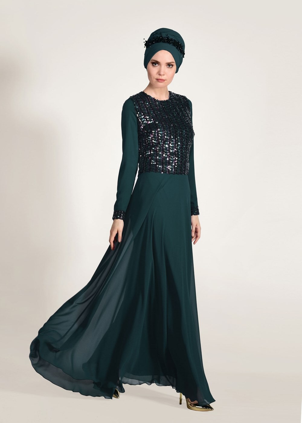 Vêtements hijab VERT ROBE DE SOIRÉE DÉTAIL PAILLETTE 3131