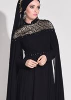 Tesettür giyim SİYAH HAKİM YAKA BONCUK İŞLEMELİ ŞİFON ABİYE ELBİSE 3208 