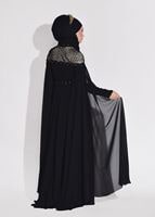 Tesettür giyim SİYAH HAKİM YAKA BONCUK İŞLEMELİ ŞİFON ABİYE ELBİSE 3208 