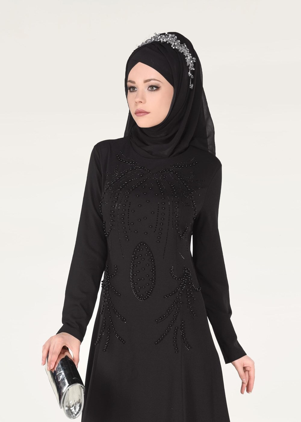 Tesettür giyim SİYAH İNCİ DETAYLI ABİYE ELBİSE 3308 
