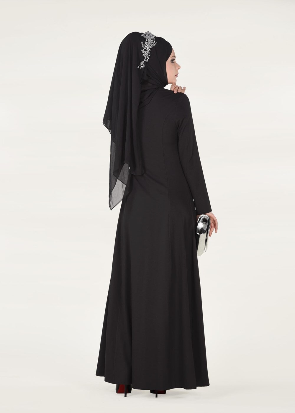 Tesettür giyim SİYAH İNCİ DETAYLI ABİYE ELBİSE 3308 