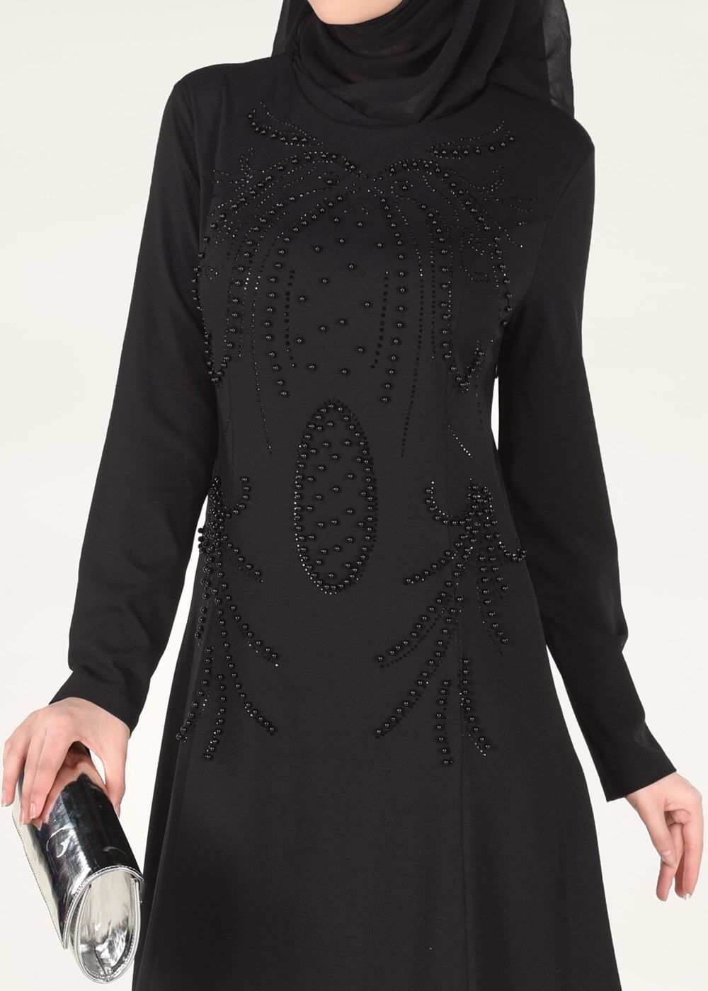 Tesettür giyim SİYAH İNCİ DETAYLI ABİYE ELBİSE 3308 