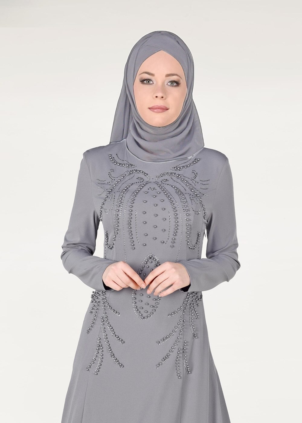 Tesettür giyim GRİ İNCİ DETAYLI ABİYE ELBİSE 3308 