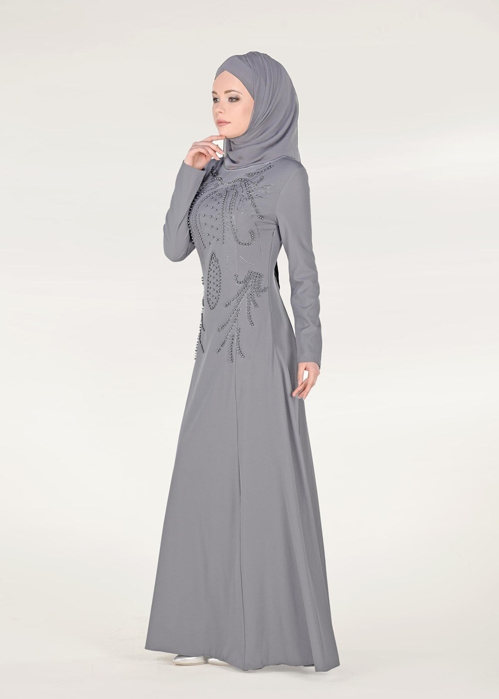 Tesettür giyim GRİ İNCİ DETAYLI ABİYE ELBİSE 3308 