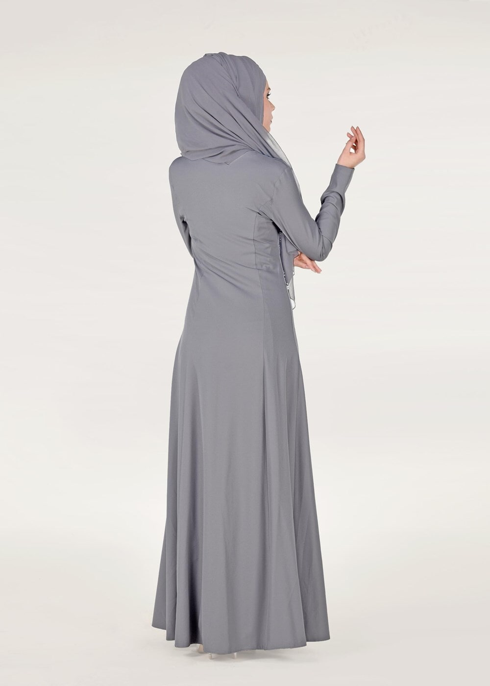 Tesettür giyim GRİ İNCİ DETAYLI ABİYE ELBİSE 3308 