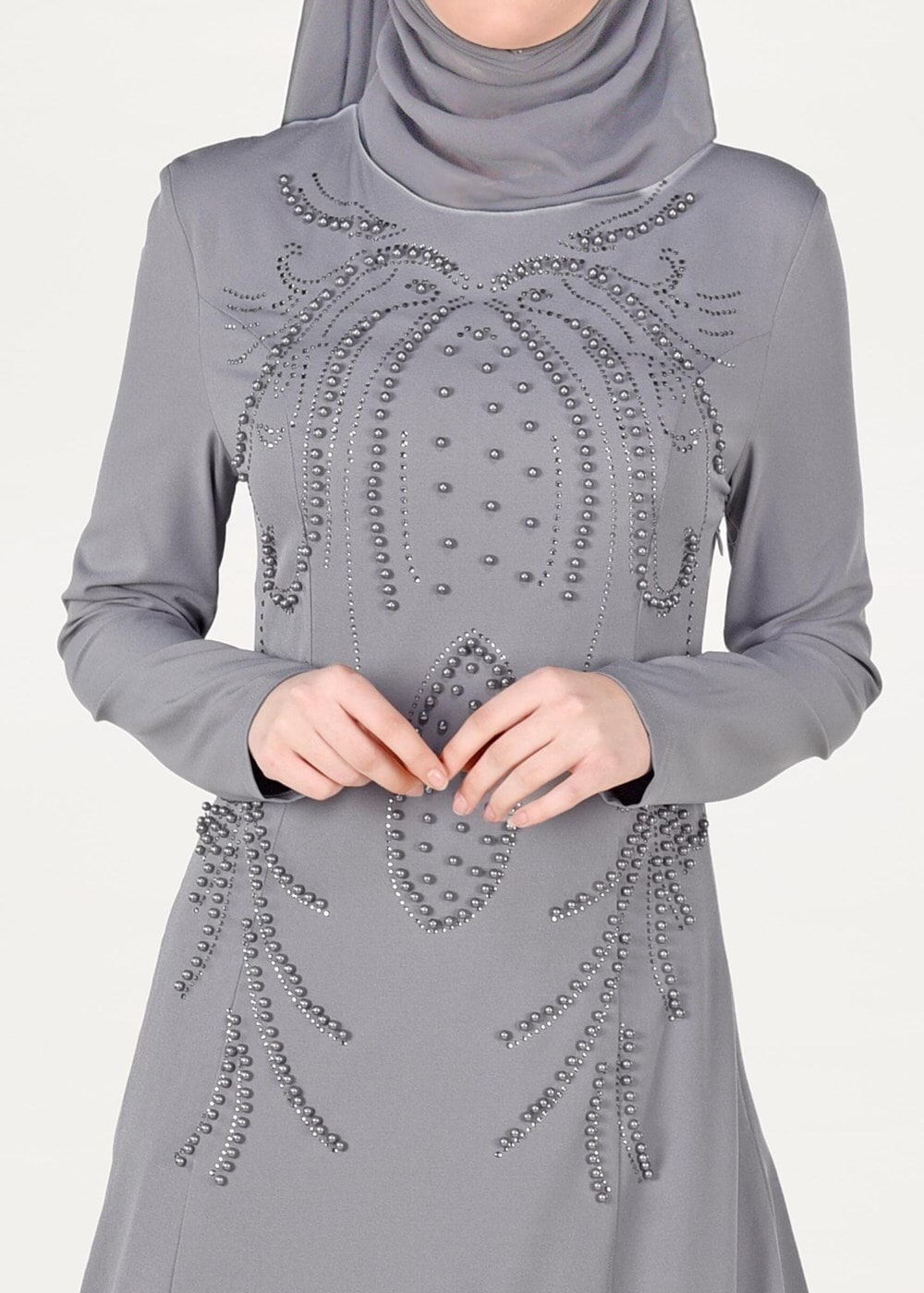 Tesettür giyim GRİ İNCİ DETAYLI ABİYE ELBİSE 3308 
