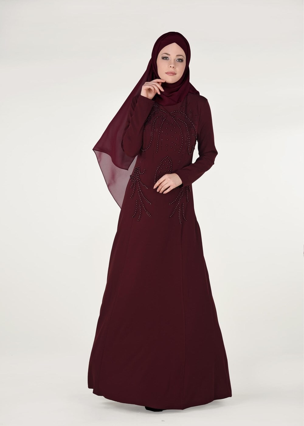 Tesettür giyim BORDO İNCİ DETAYLI ABİYE ELBİSE 3308 