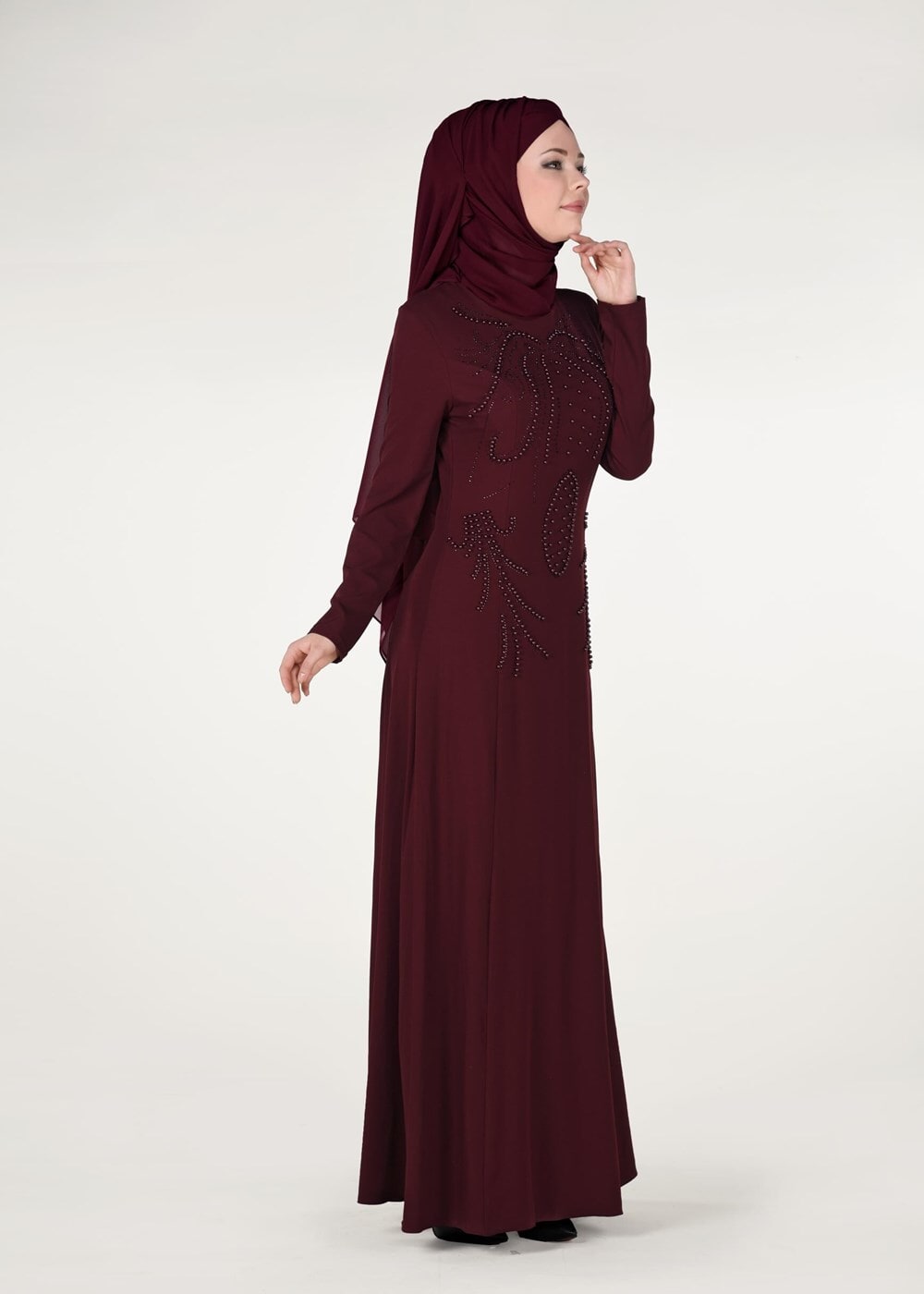 Tesettür giyim BORDO İNCİ DETAYLI ABİYE ELBİSE 3308 