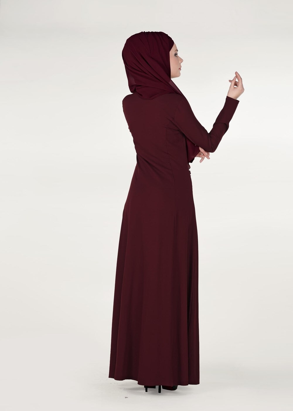 Tesettür giyim BORDO İNCİ DETAYLI ABİYE ELBİSE 3308 