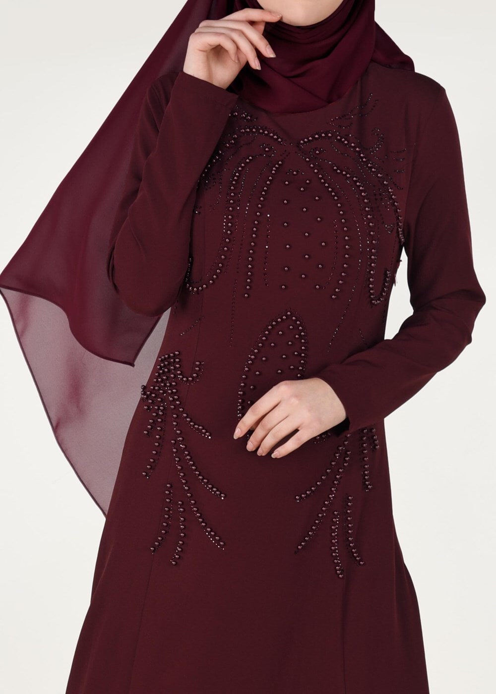 Tesettür giyim BORDO İNCİ DETAYLI ABİYE ELBİSE 3308 