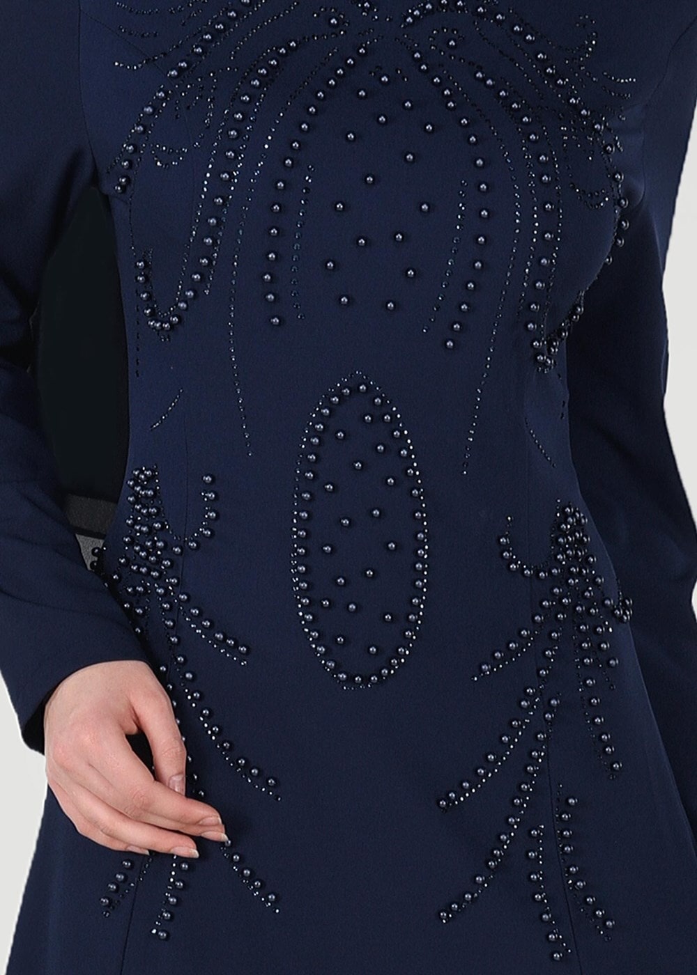 Tesettür giyim LACİVERT İNCİ DETAYLI ABİYE ELBİSE 3308 