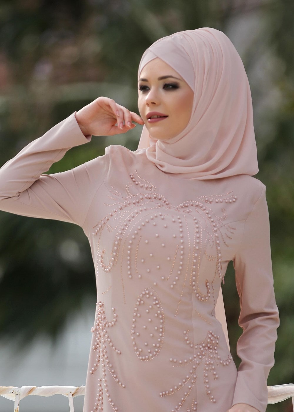 Tesettür giyim PUDRA İNCİ DETAYLI ABİYE ELBİSE 3308 