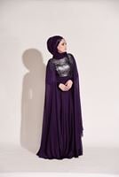 Tesettür giyim MOR İŞLEMELİ OMUZDAN ŞİFONLU ABİYE ELBİSE 3408