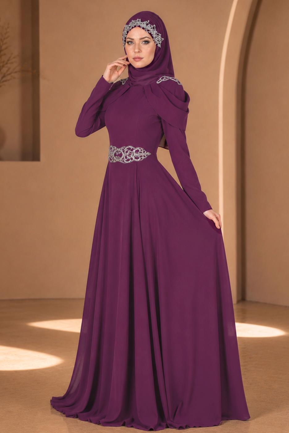 Hijab clothing PURPLE Embroidery Detailed Evening Dress T 3762 