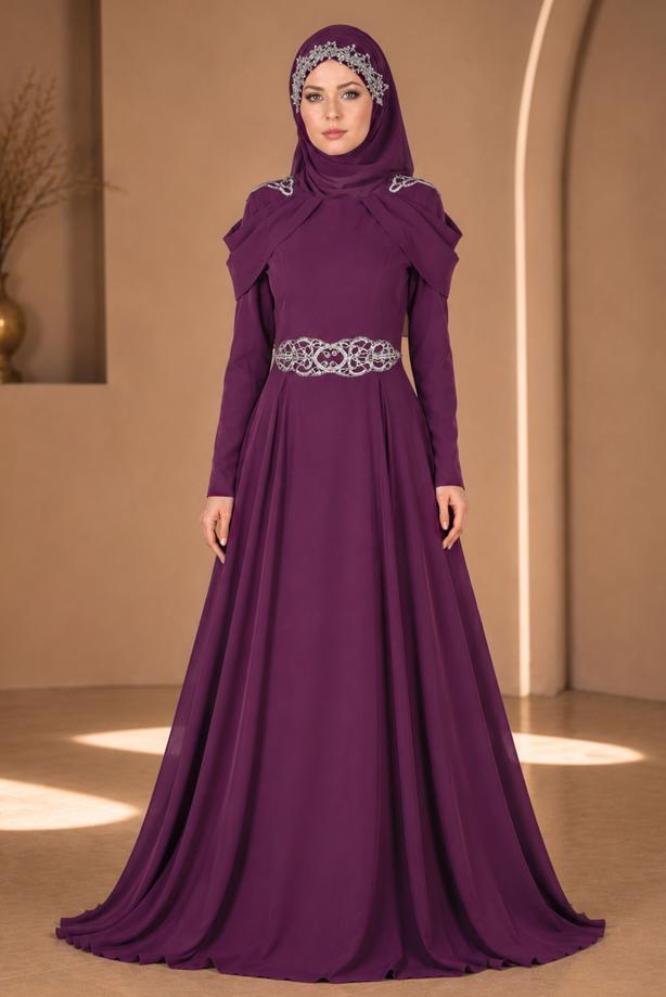 Hijab clothing  Embroidery Detailed Evening Dress T 3762  - TRENDTESETTÜR