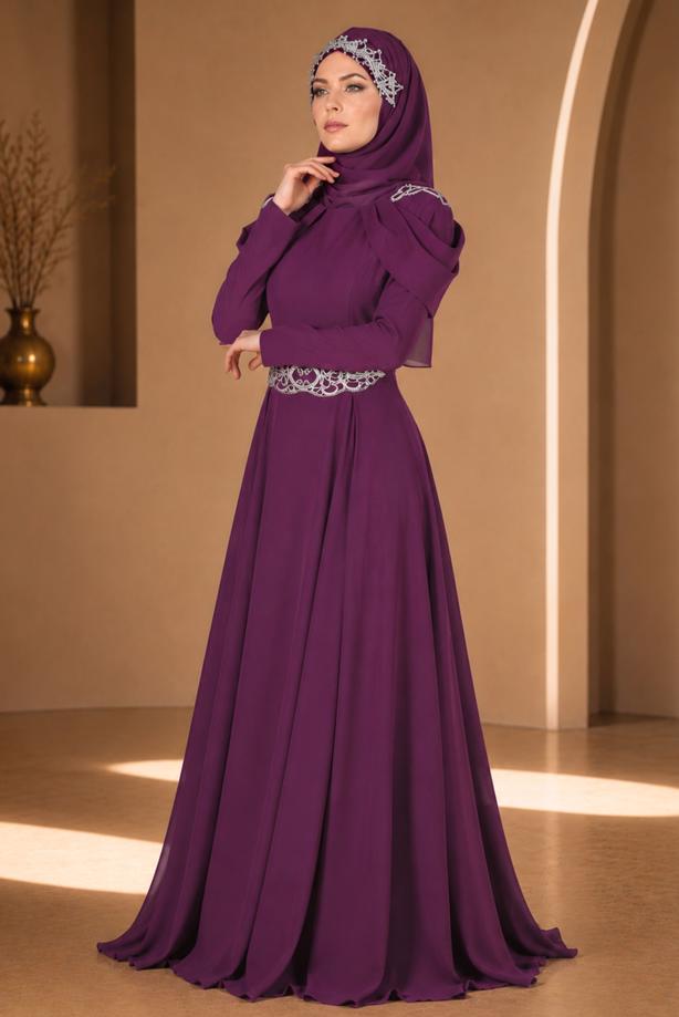 Hijab clothing  Embroidery Detailed Evening Dress T 3762  - TRENDTESETTÜR