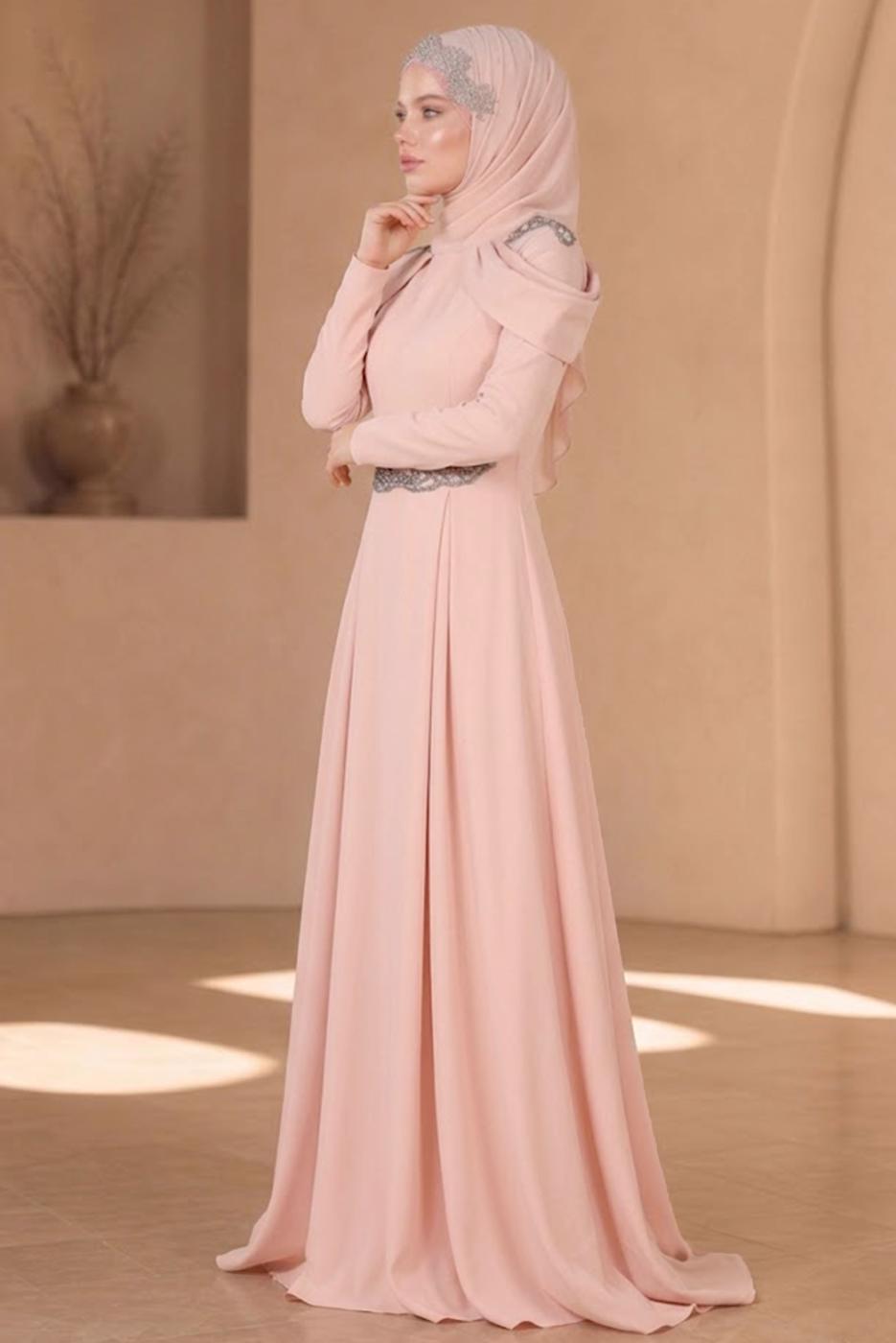 Hijab clothing POWDER Embroidery Detailed Evening Dress T 3762 