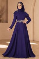 Hijab clothing NAVY BLUE Embroidery Detailed Evening Dress T 3762 