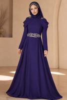 Hijab clothing NAVY BLUE Embroidery Detailed Evening Dress T 3762 